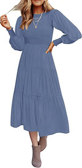 Long Sleeve Pleating Layered Short Sleeve Large Swing Dress - Nioor