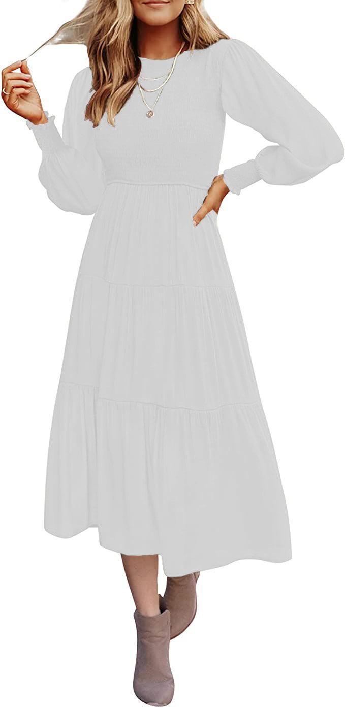 Long Sleeve Pleating Layered Short Sleeve Large Swing Dress - Nioor