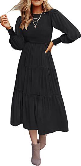 Long Sleeve Pleating Layered Short Sleeve Large Swing Dress - Nioor