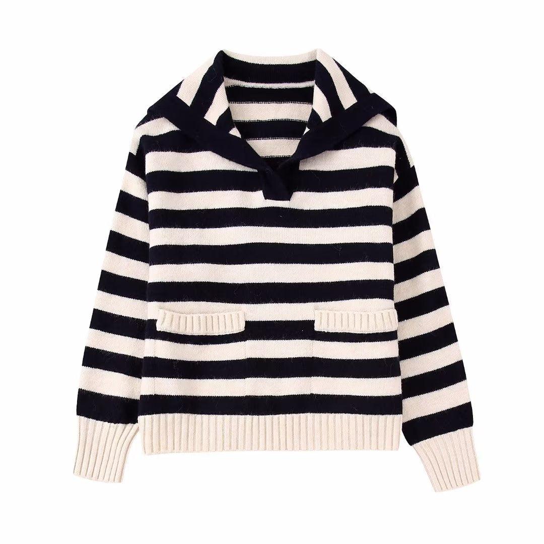 Long Sleeve Polo Collar Stripes Sweater - Nioor