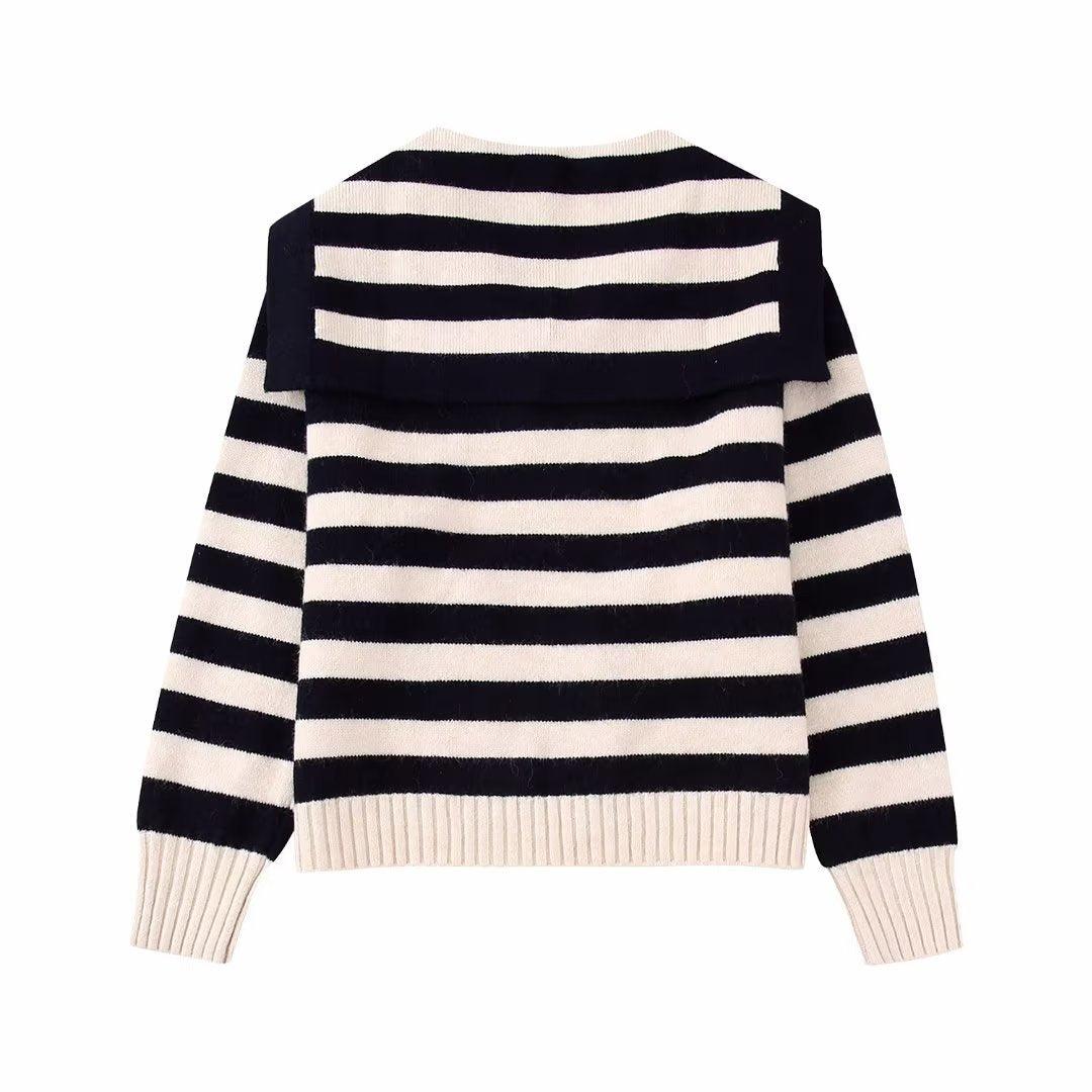 Long Sleeve Polo Collar Stripes Sweater - Nioor