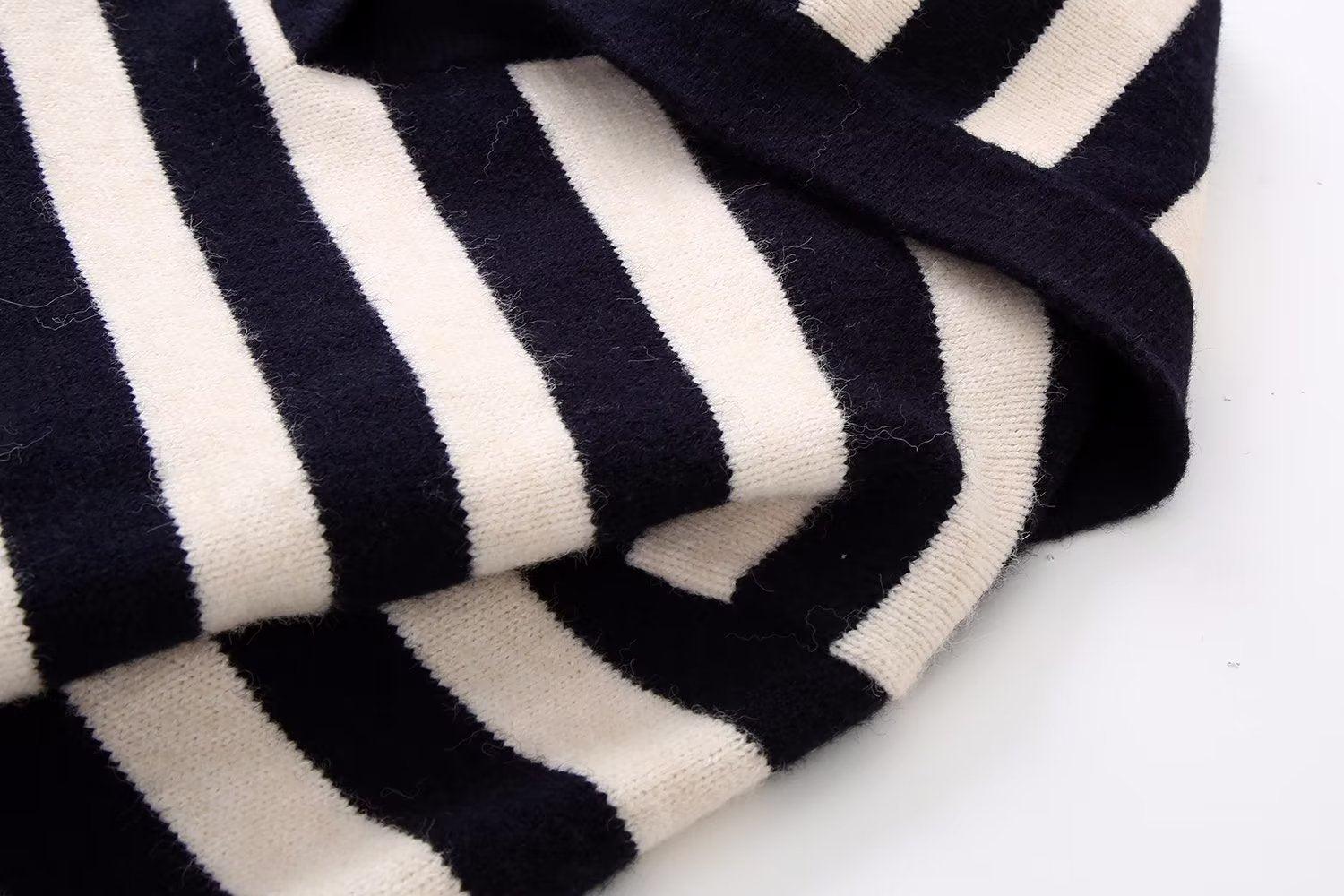 Long Sleeve Polo Collar Stripes Sweater - Nioor