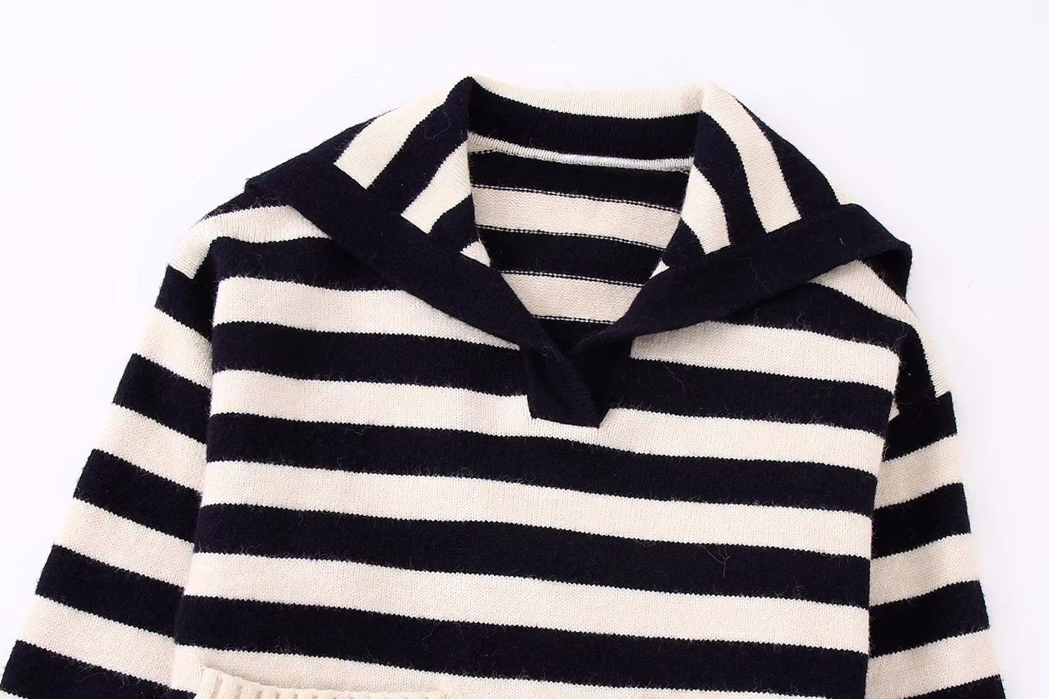 Long Sleeve Polo Collar Stripes Sweater - Nioor