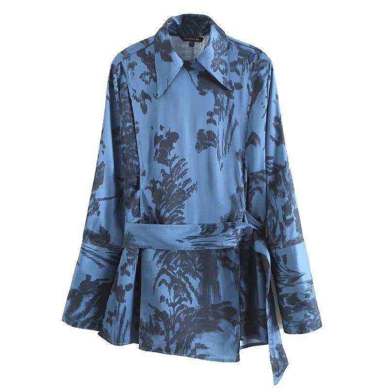 Long Sleeve Printed Waist-controlled Wrap Shirt - Nioor