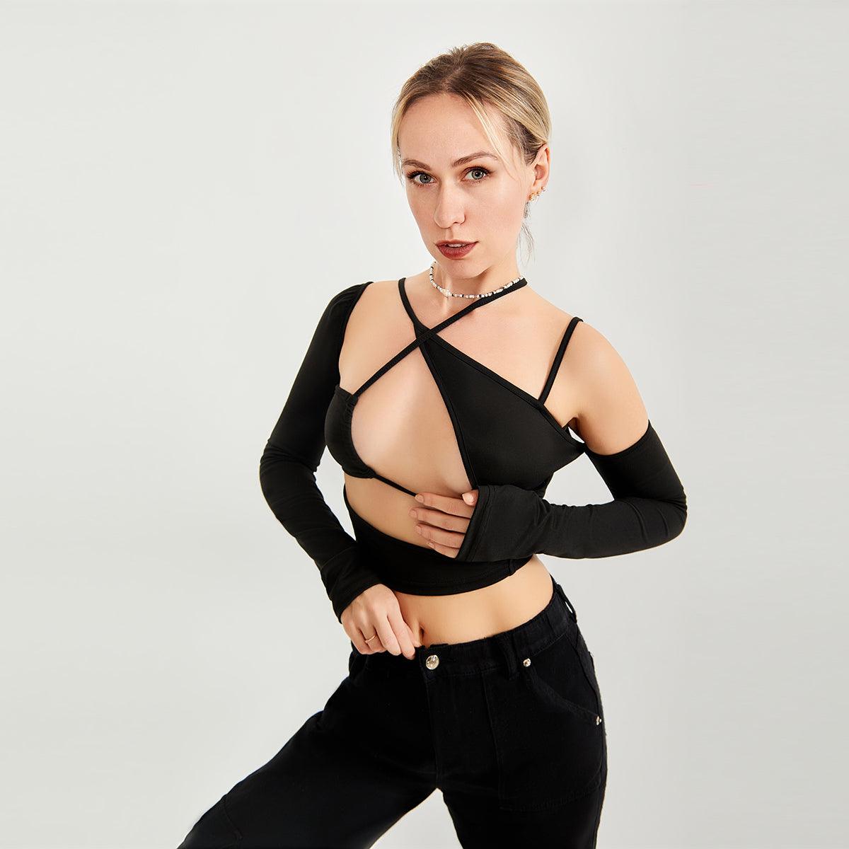 Long Sleeve Top Cut Out Asymmetrical Neck - Nioor