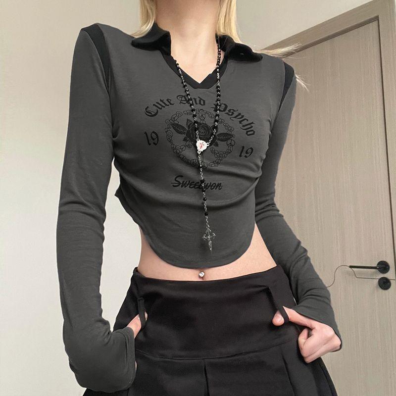 Long Sleeved T-shirt Women's Patchwork Lapel Short Top - Nioor