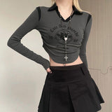 Long Sleeved T-shirt Women's Patchwork Lapel Short Top - Nioor