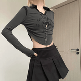 Long Sleeved T-shirt Women's Patchwork Lapel Short Top - Nioor