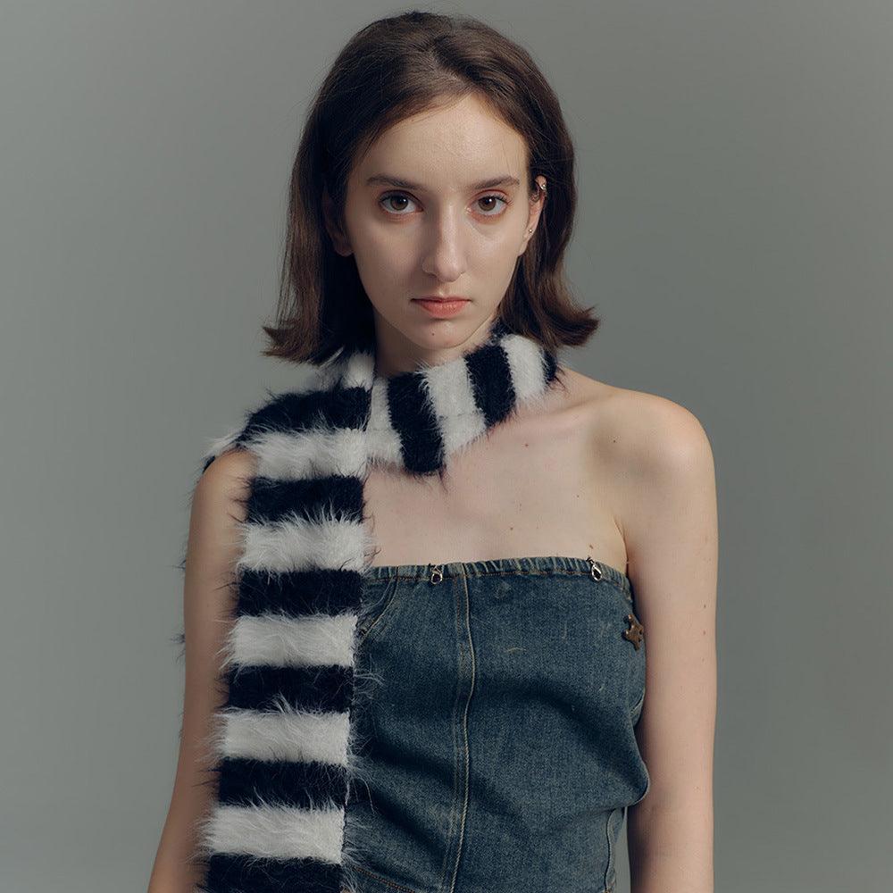 Long Wool Mink Black And White Striped Knitted Wool Scarf - Nioor