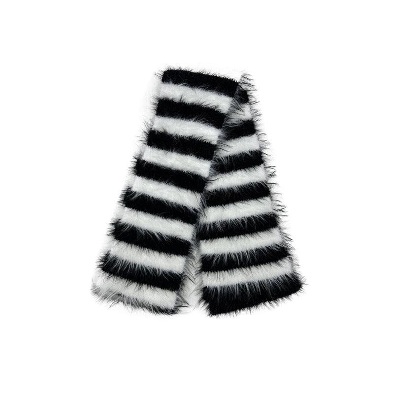 Long Wool Mink Black And White Striped Knitted Wool Scarf - Nioor