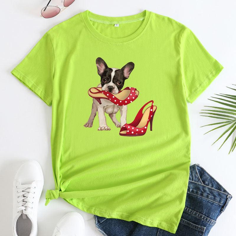 Loose And Cute Dog Print Pure Cotton Round Neck Short Sleeves - Nioor