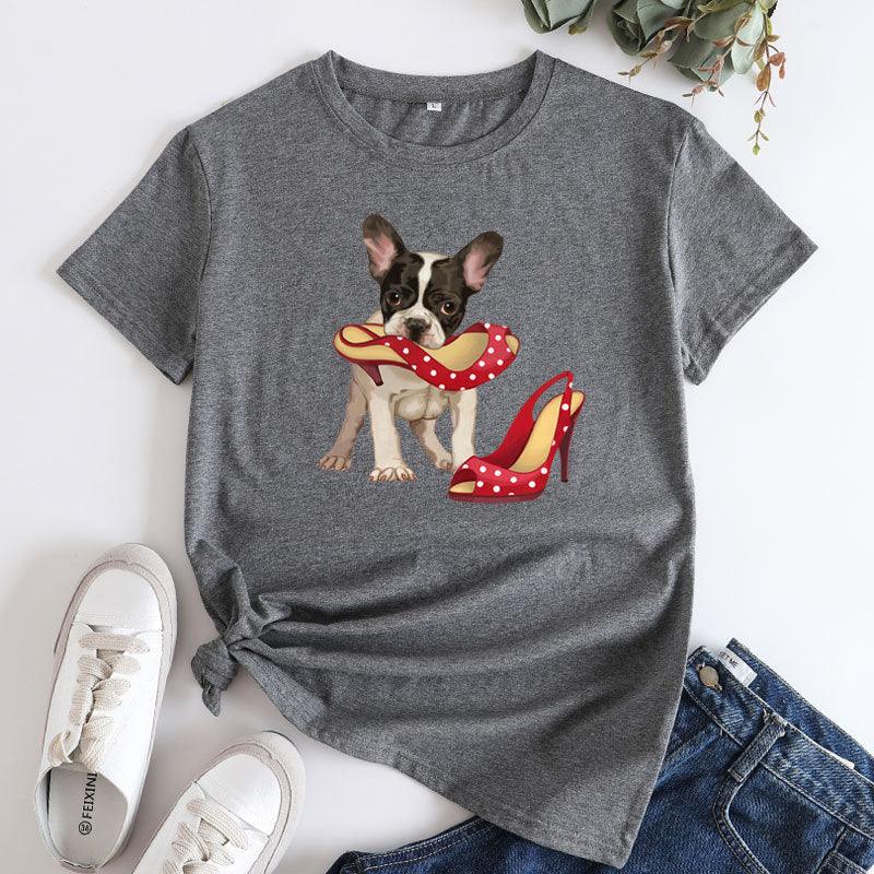 Loose And Cute Dog Print Pure Cotton Round Neck Short Sleeves - Nioor