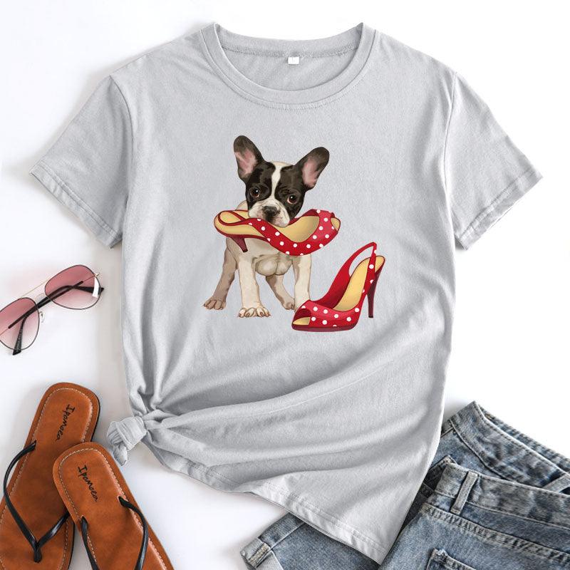 Loose And Cute Dog Print Pure Cotton Round Neck Short Sleeves - Nioor