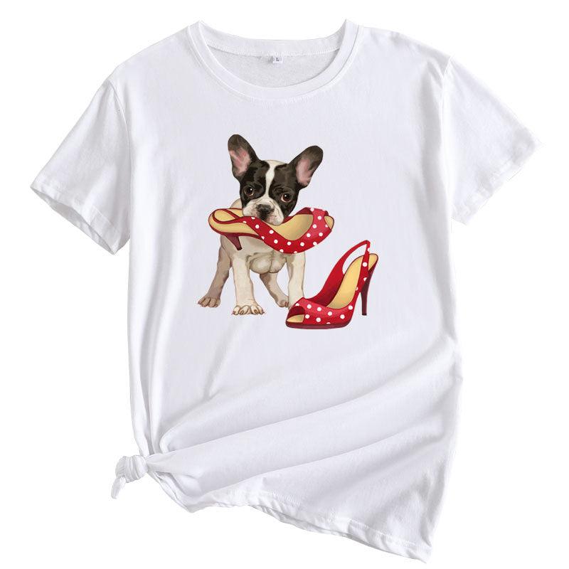 Loose And Cute Dog Print Pure Cotton Round Neck Short Sleeves - Nioor