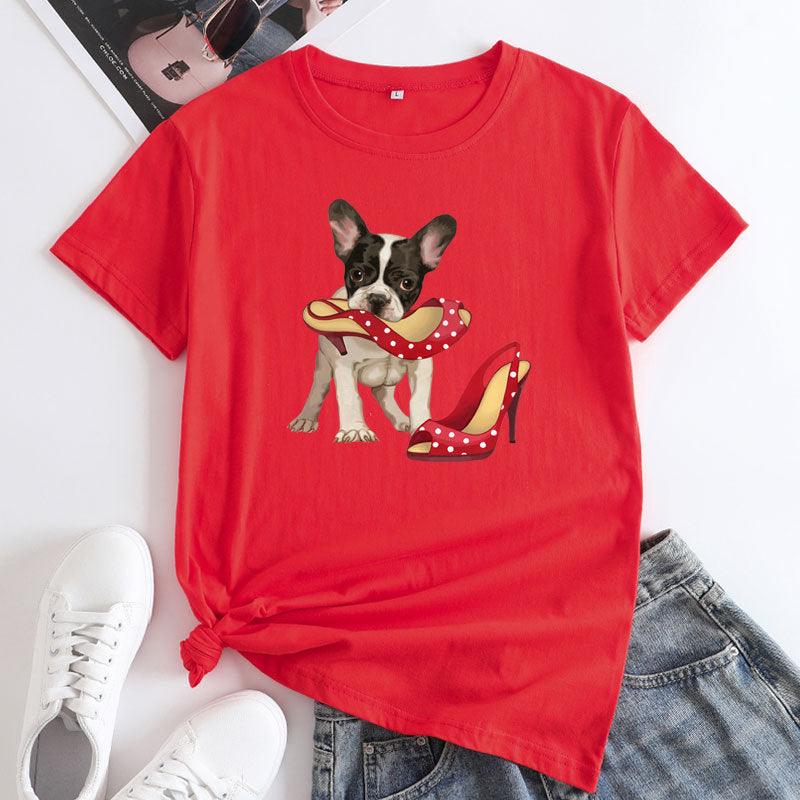 Loose And Cute Dog Print Pure Cotton Round Neck Short Sleeves - Nioor