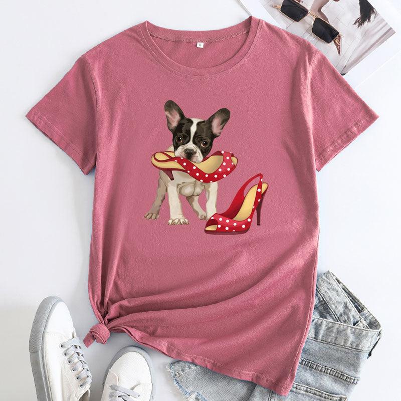 Loose And Cute Dog Print Pure Cotton Round Neck Short Sleeves - Nioor