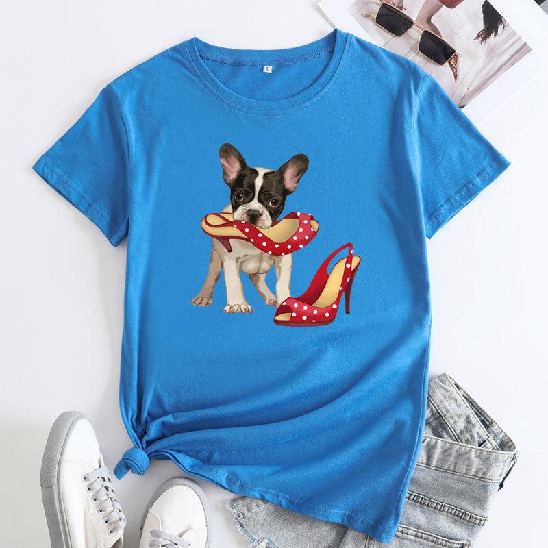 Loose And Cute Dog Print Pure Cotton Round Neck Short Sleeves - Nioor