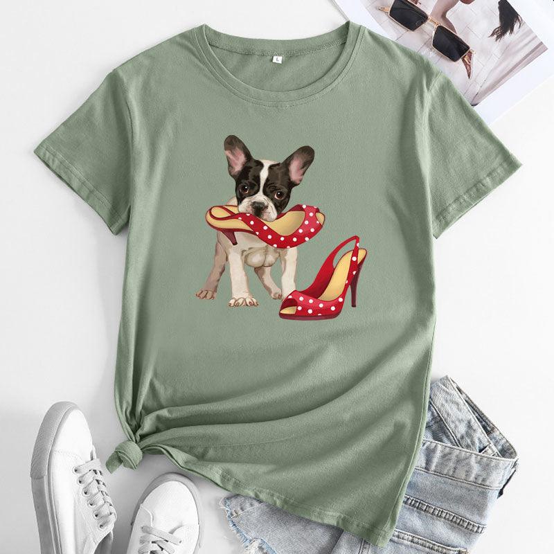 Loose And Cute Dog Print Pure Cotton Round Neck Short Sleeves - Nioor