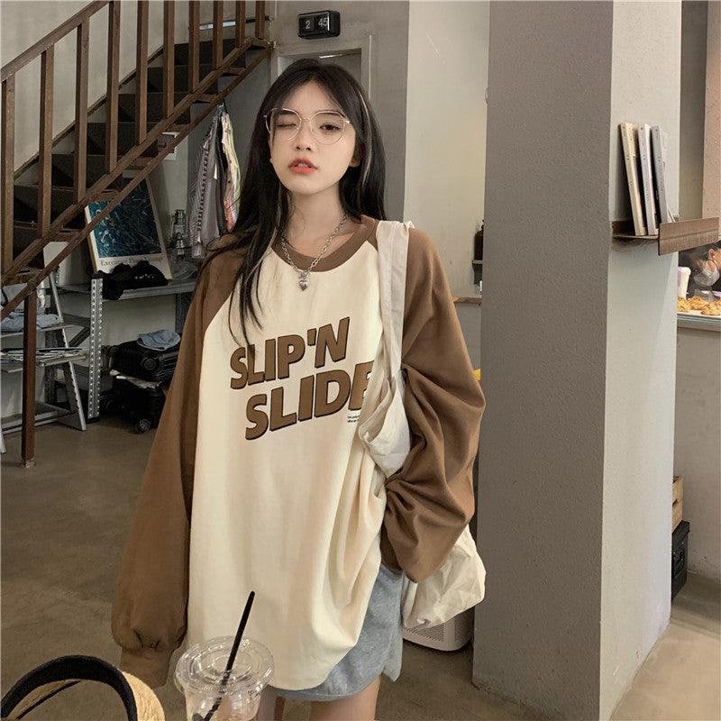 Loose And Slim Contrast Color Long Sleeve T-shirt For Women - Nioor