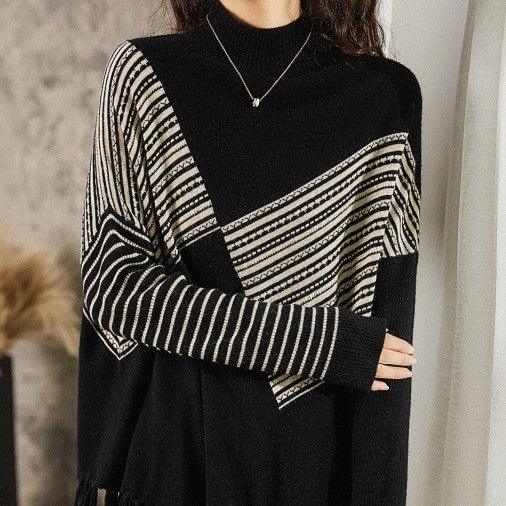 Loose Batwing Sleeve Half Turtleneck Wool Pullover - Nioor