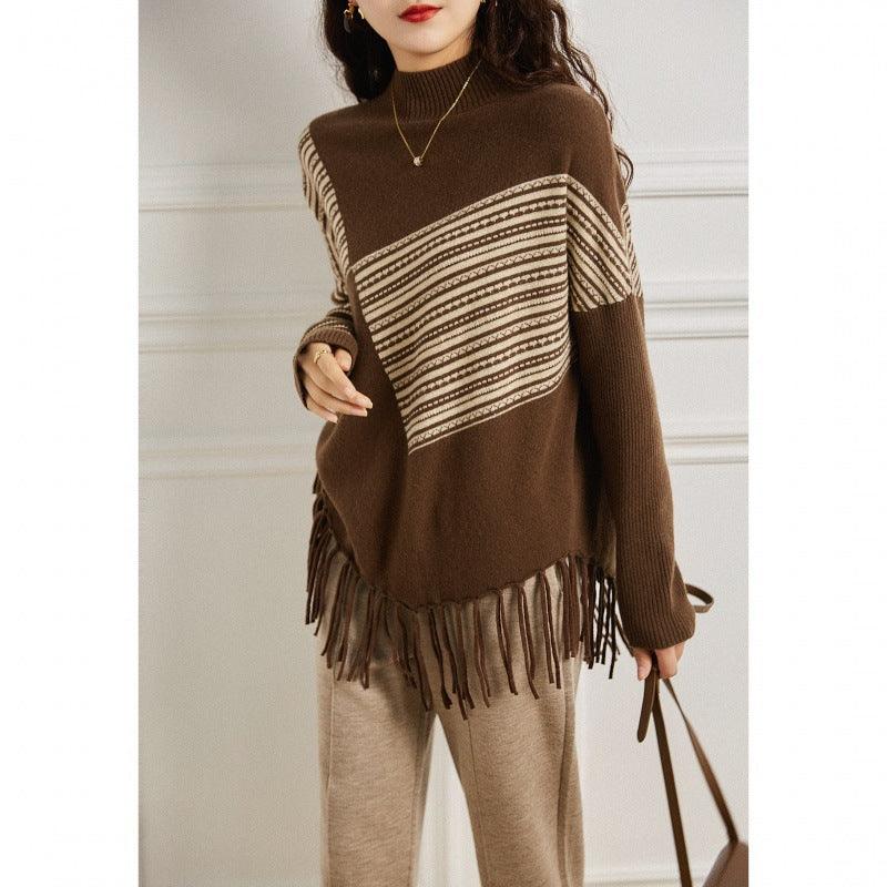 Loose Batwing Sleeve Half Turtleneck Wool Pullover - Nioor