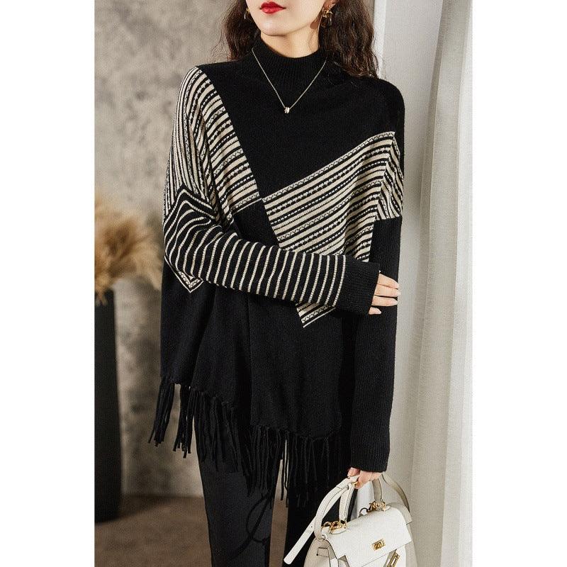 Loose Batwing Sleeve Half Turtleneck Wool Pullover - Nioor