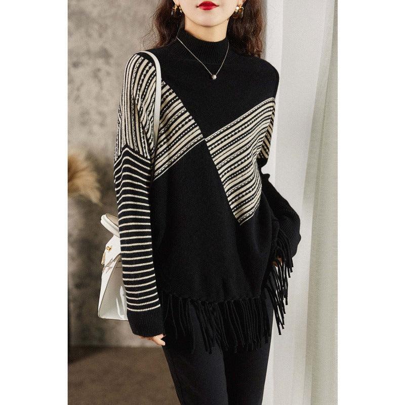 Loose Batwing Sleeve Half Turtleneck Wool Pullover - Nioor