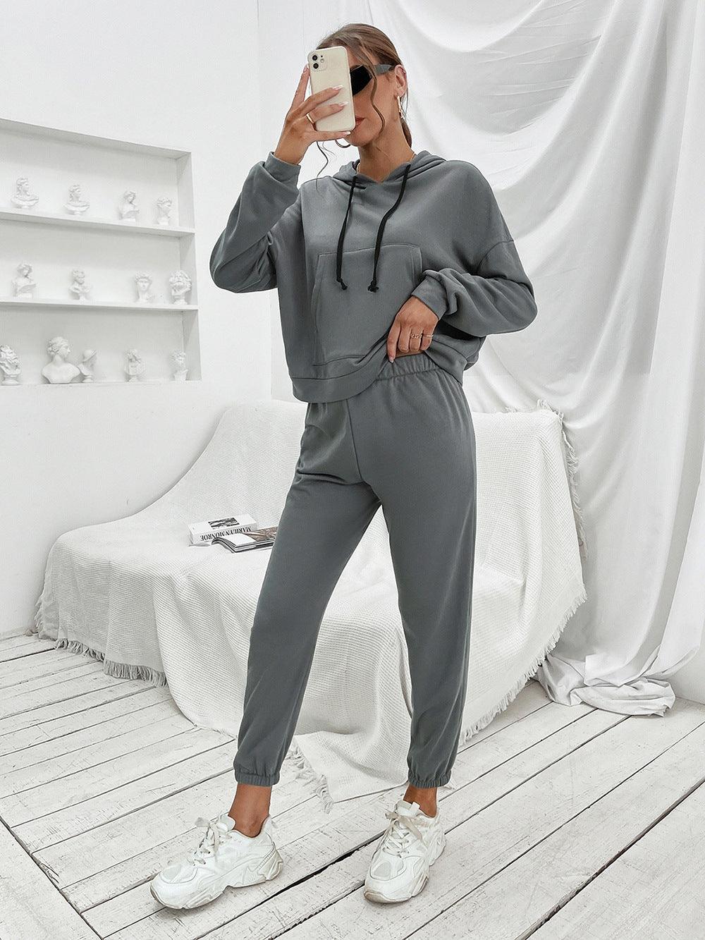 Loose Casual Solid Color Hooded Sweater Outdoor Sports Suit - Nioor