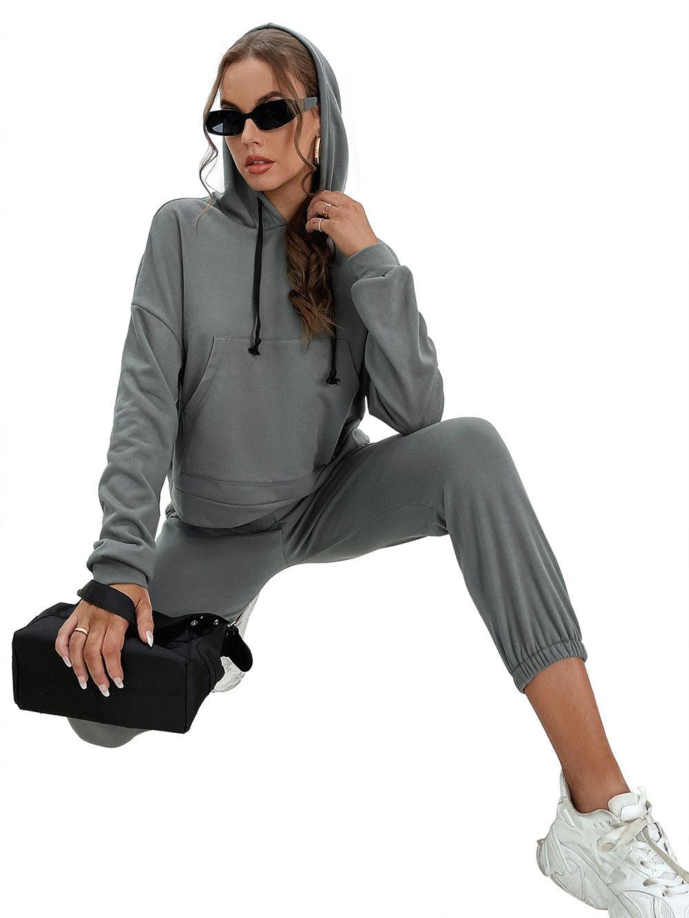 Loose Casual Solid Color Hooded Sweater Outdoor Sports Suit - Nioor