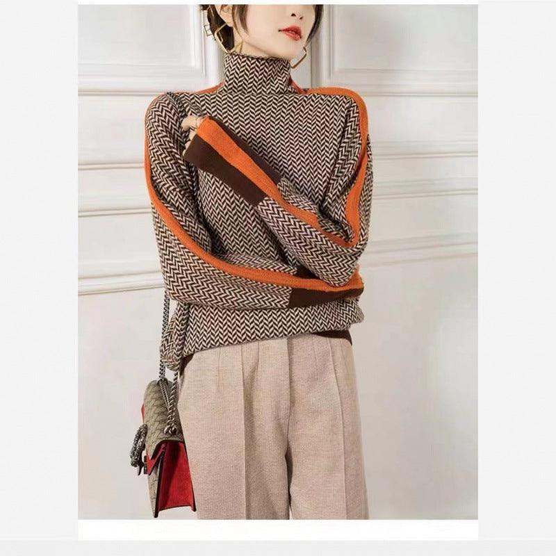 Loose Contrast Color Sleeve Full Imitation Wool Turtleneck Female Autumn And Winter - Nioor