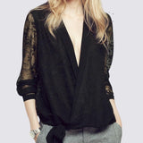 Loose Deep V-neck Hollow-out Long Sleeve Stitching Mesh Top - Nioor