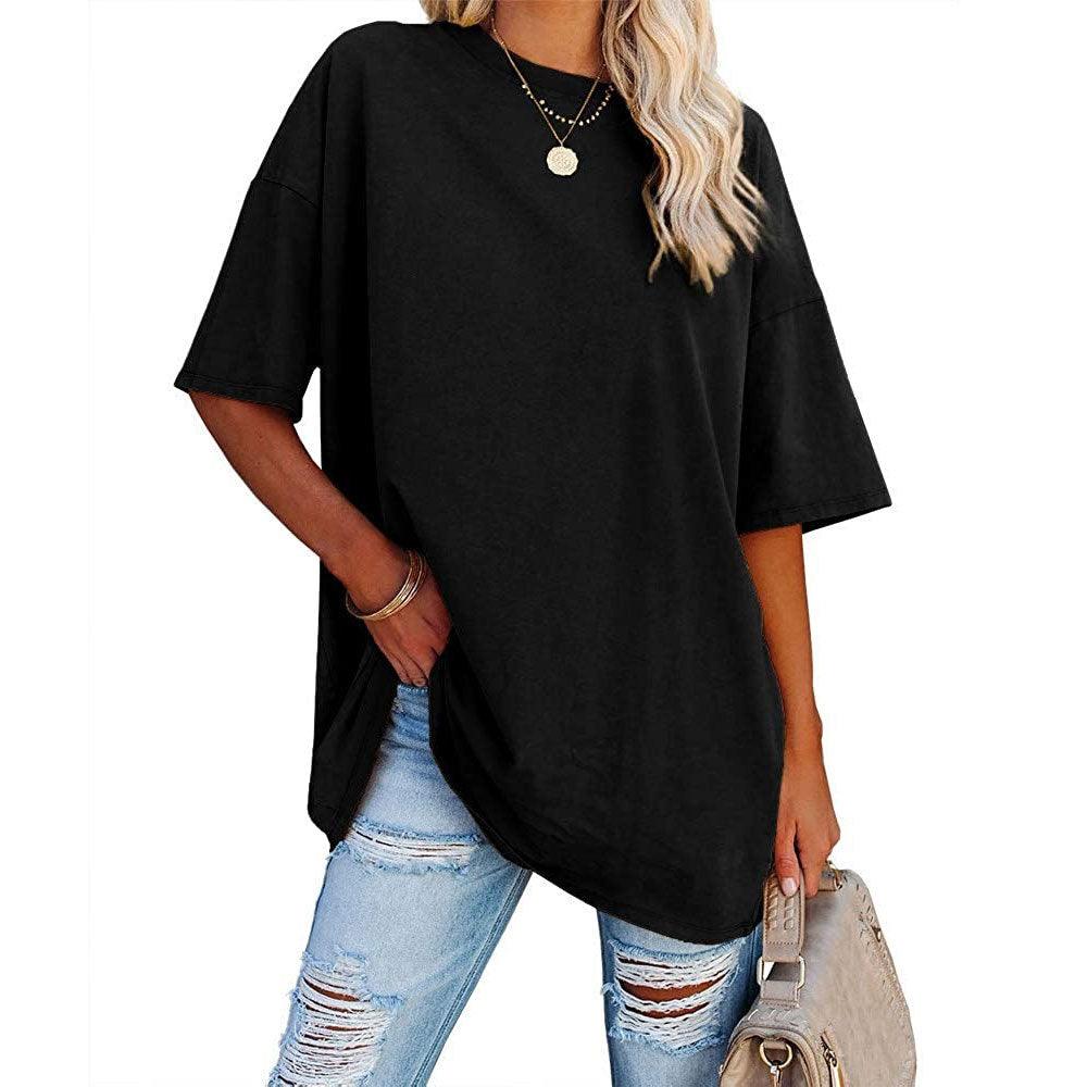 Loose Drop Shoulder Sleeves Round Neck Short Sleeve Top - Nioor