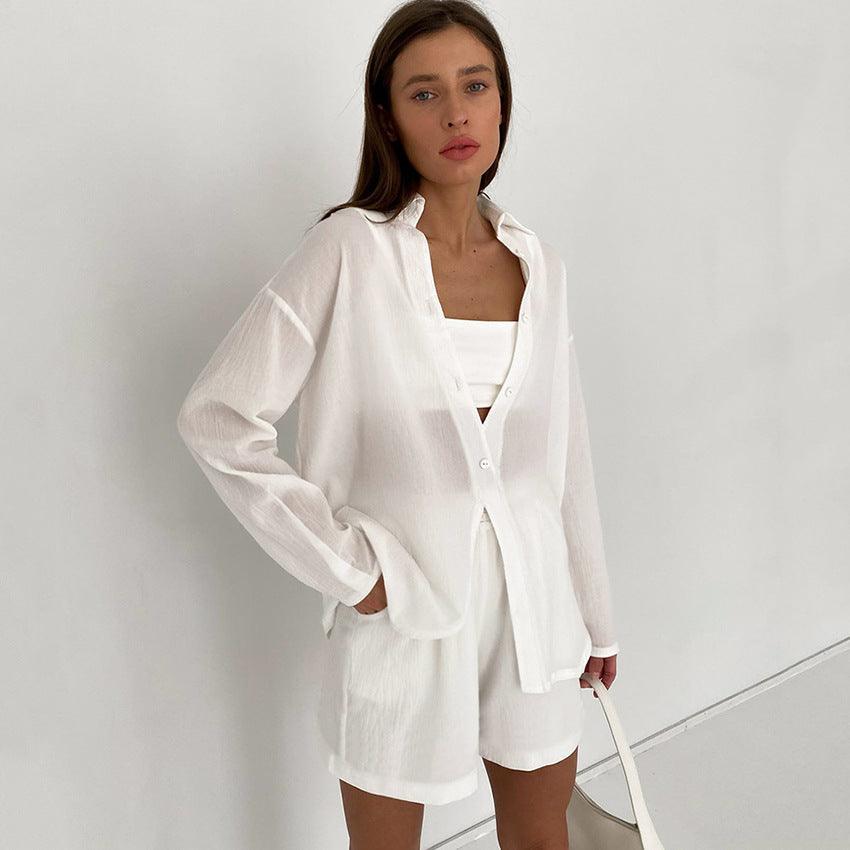 Loose Fitting White Niche Casual Set With Shorts - Nioor