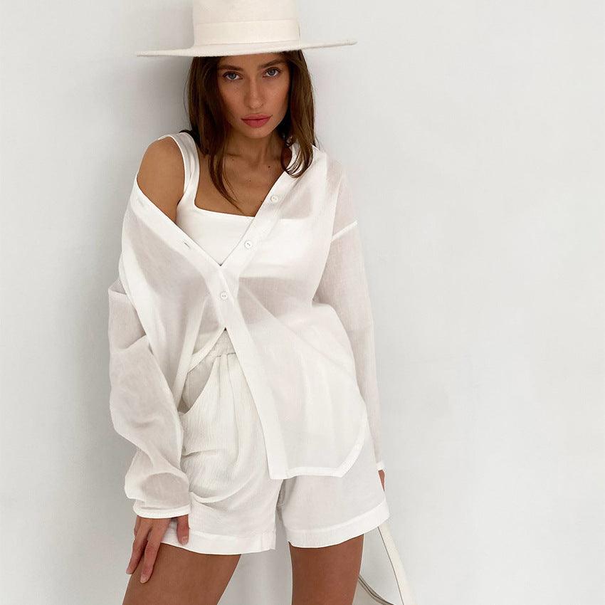 Loose Fitting White Niche Casual Set With Shorts - Nioor