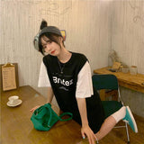 Loose Large Size Letters Printed Fake Two-piece Dress Short Sleeve - Nioor