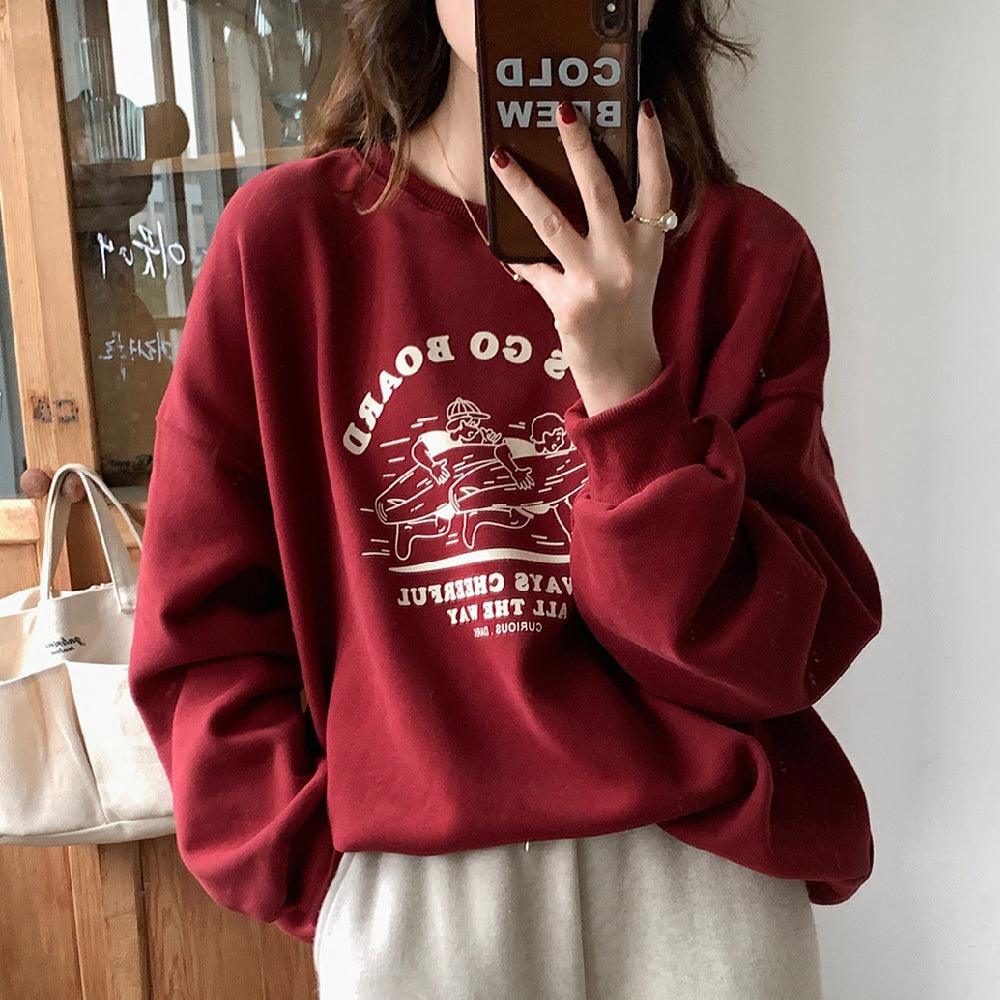 Loose Letter Printed Fleece Sweater For Women - Nioor