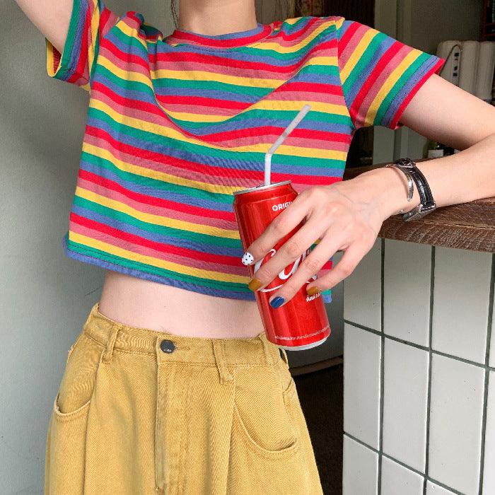 Loose Rainbow Stripes Short Sleeve T-shirt Top - Nioor