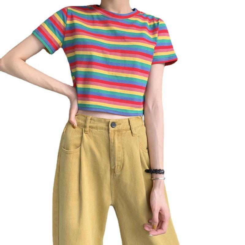 Loose Rainbow Stripes Short Sleeve T-shirt Top - Nioor