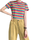 Loose Rainbow Stripes Short Sleeve T-shirt Top - Nioor