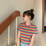 Loose Rainbow Stripes Short Sleeve T-shirt Top - Nioor