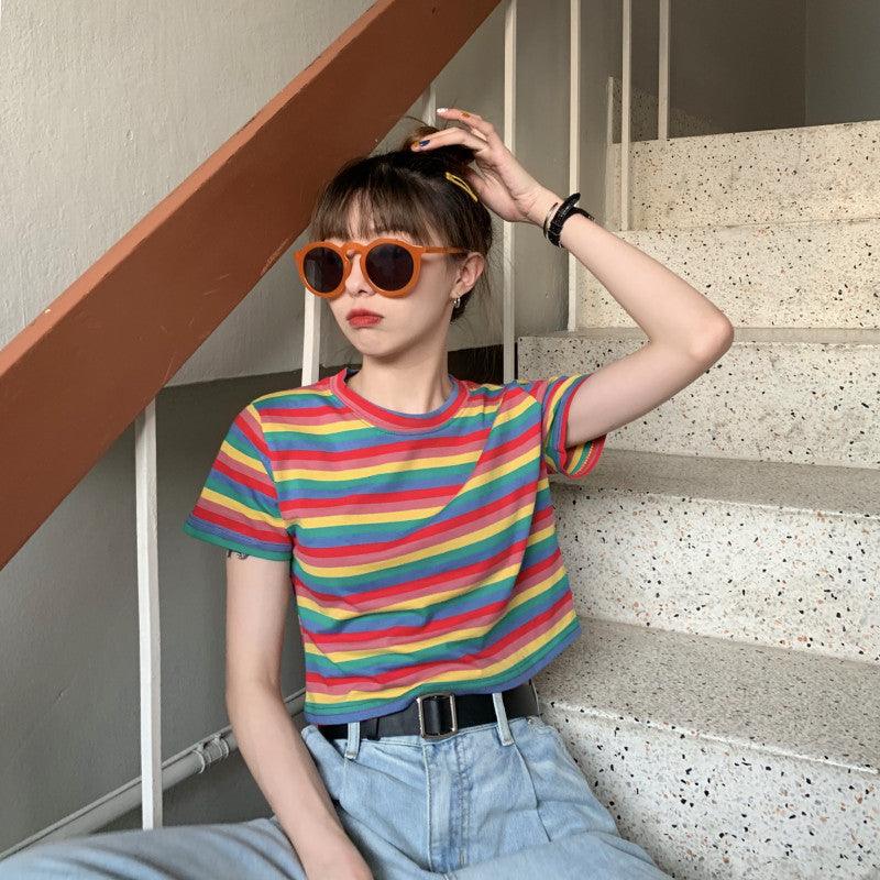 Loose Rainbow Stripes Short Sleeve T-shirt Top - Nioor