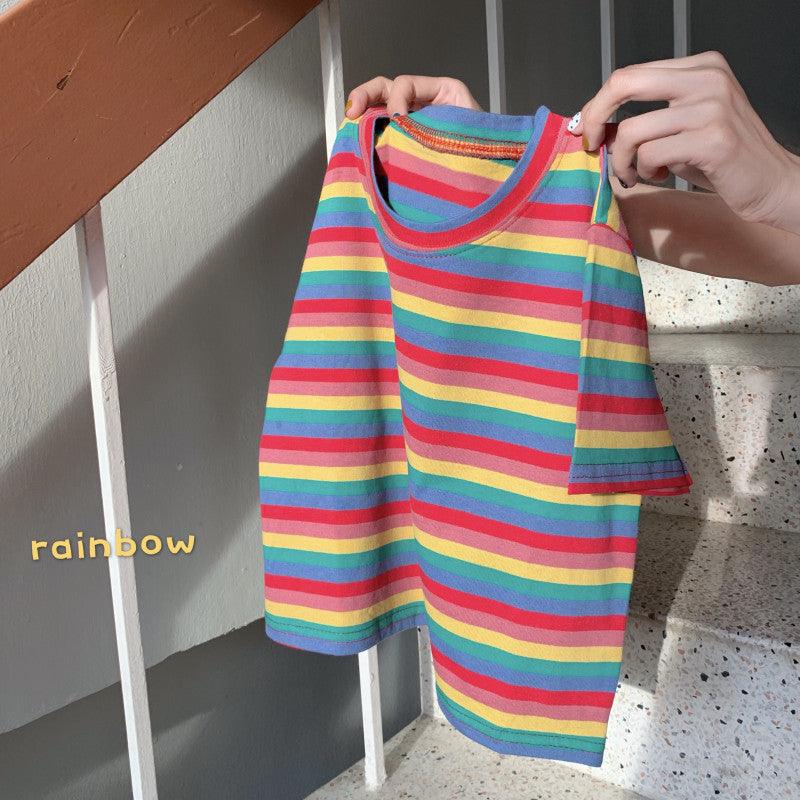 Loose Rainbow Stripes Short Sleeve T-shirt Top - Nioor