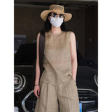 Loose Slimming Thin Sleeveless Retro Linen Round Neck Camisole Vest - Nioor