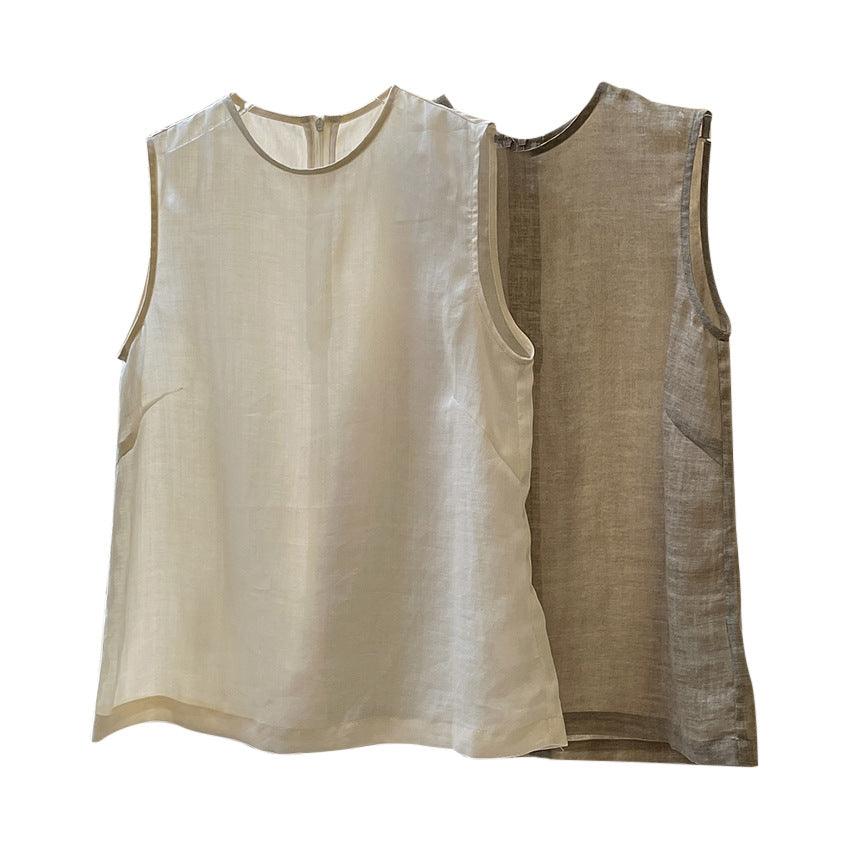 Loose Slimming Thin Sleeveless Retro Linen Round Neck Camisole Vest - Nioor