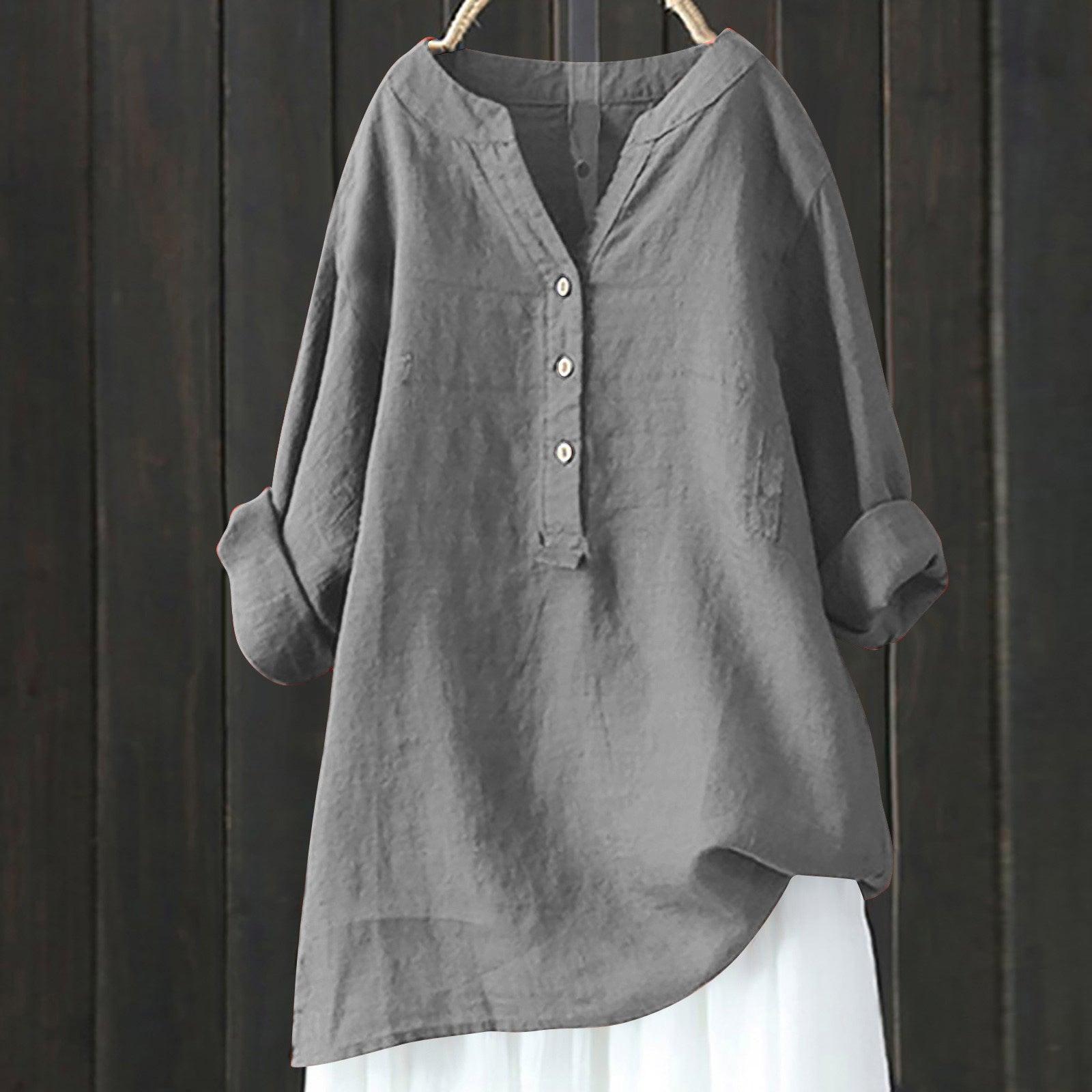 Loose Solid Color Cotton And Linen Top Shirt - Nioor