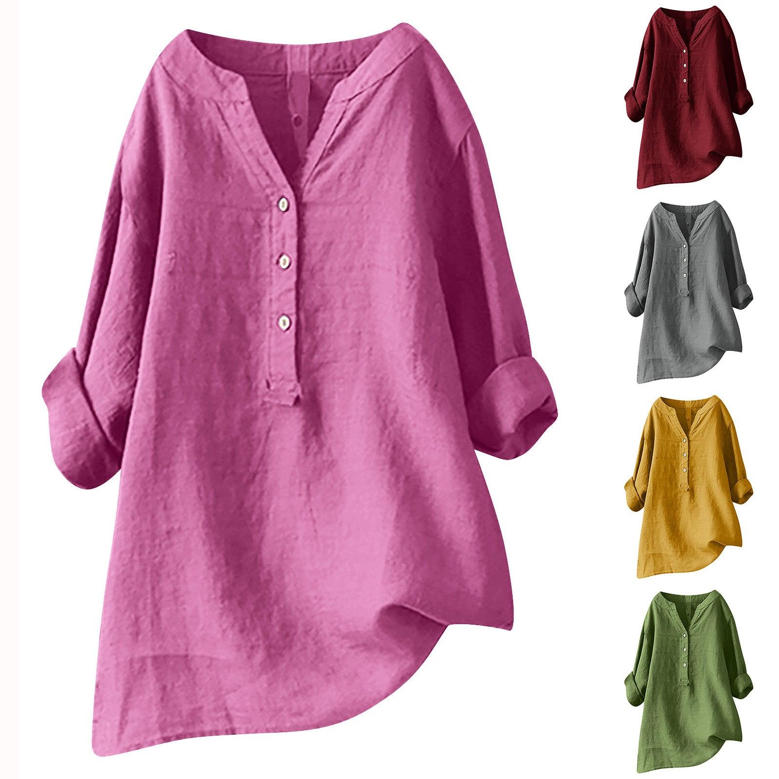 Loose Solid Color Cotton And Linen Top Shirt - Nioor