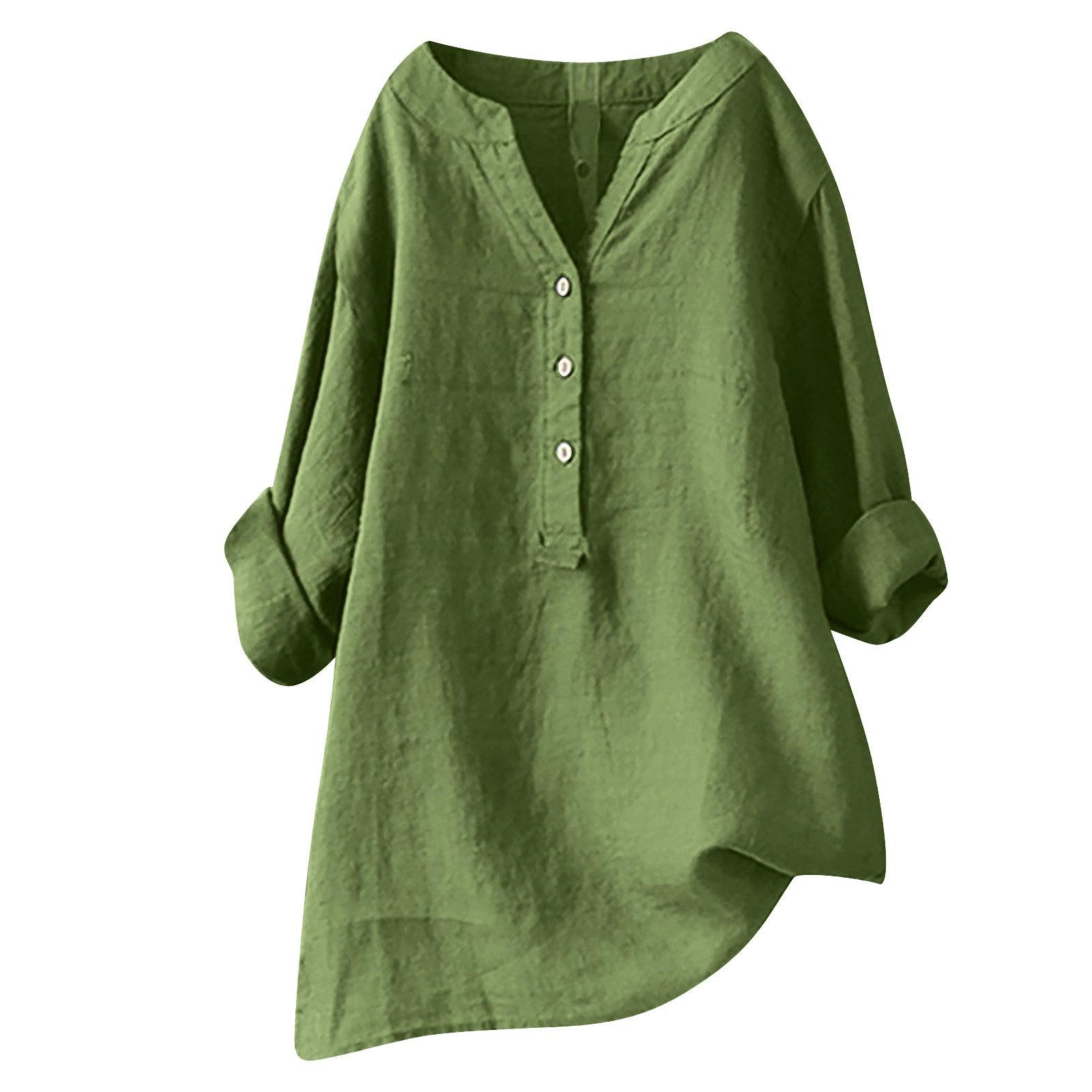 Loose Solid Color Cotton And Linen Top Shirt - Nioor