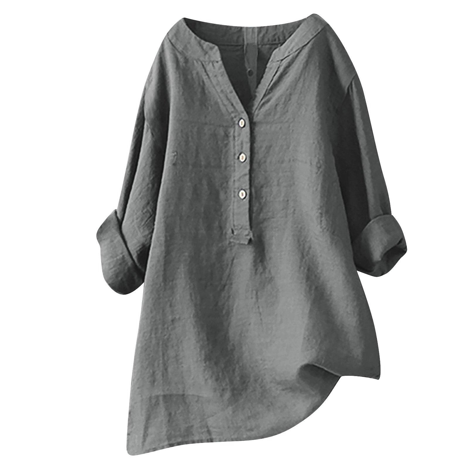 Loose Solid Color Cotton And Linen Top Shirt - Nioor