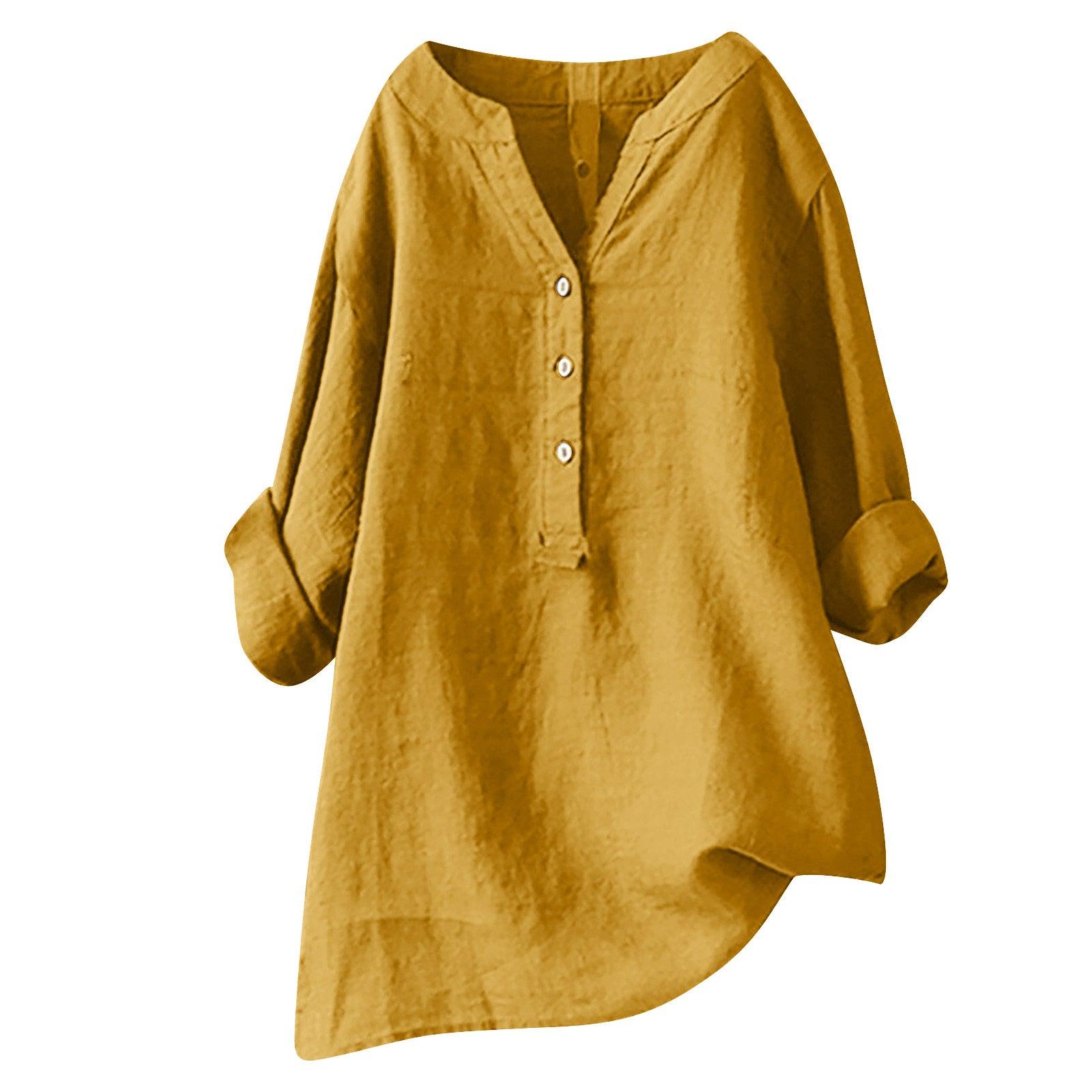 Loose Solid Color Cotton And Linen Top Shirt - Nioor