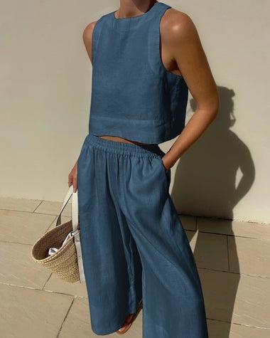 Loose Solid Color Sleeveless Shirt And Trousers Two-piece Set - Nioor